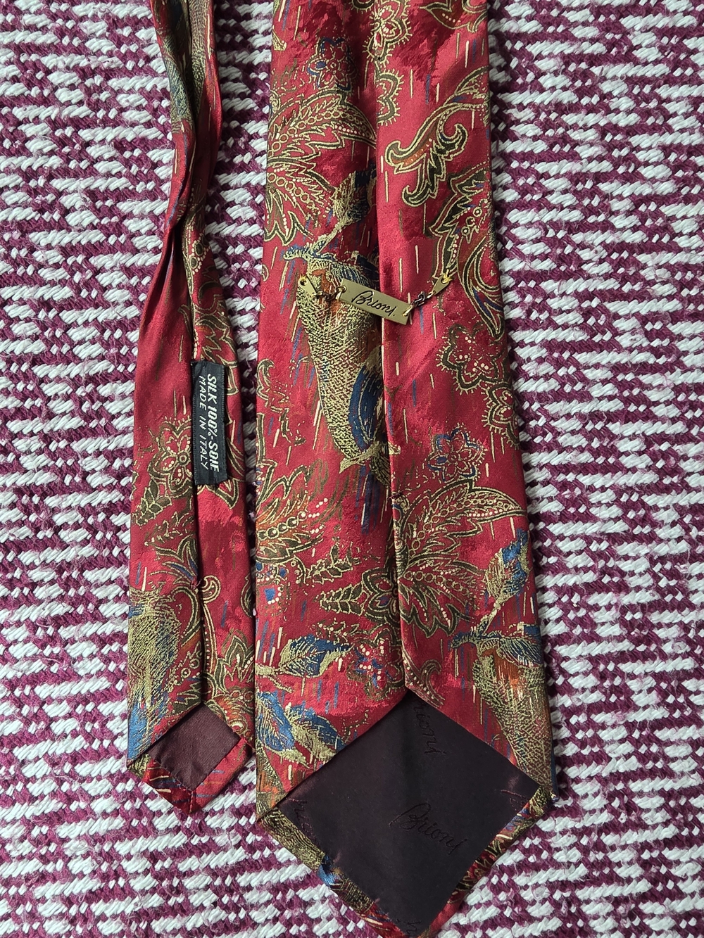 Brioni Red Silk Paisley Tie with Gold & Blue Bird Motifs